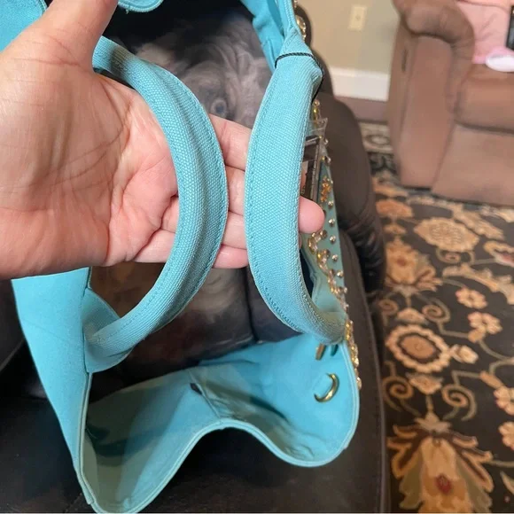 Prada Turquoise Studded Canvas Tote with Detachable Strap COA - Picture 7 of 16